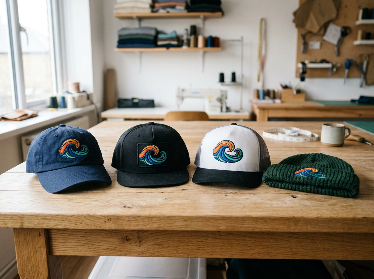 Basecap, Snapback, Trucker Cap und Strickmütze mit gesticktem Emblem auf einem Holztisch