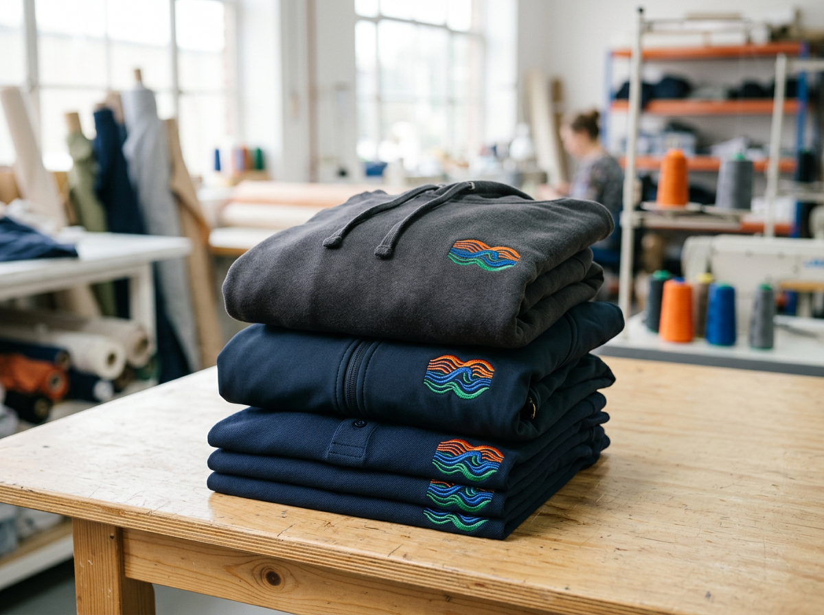 Gestapelte Poloshirts, Hoodie und Softshelljacke mit gesticktem Logo auf der Brust