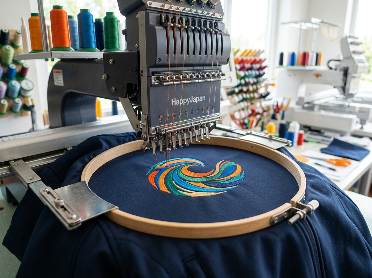 Softshelljacke im Stickrahmen, auf der Brust wird ein farbiges Emblem gestickt