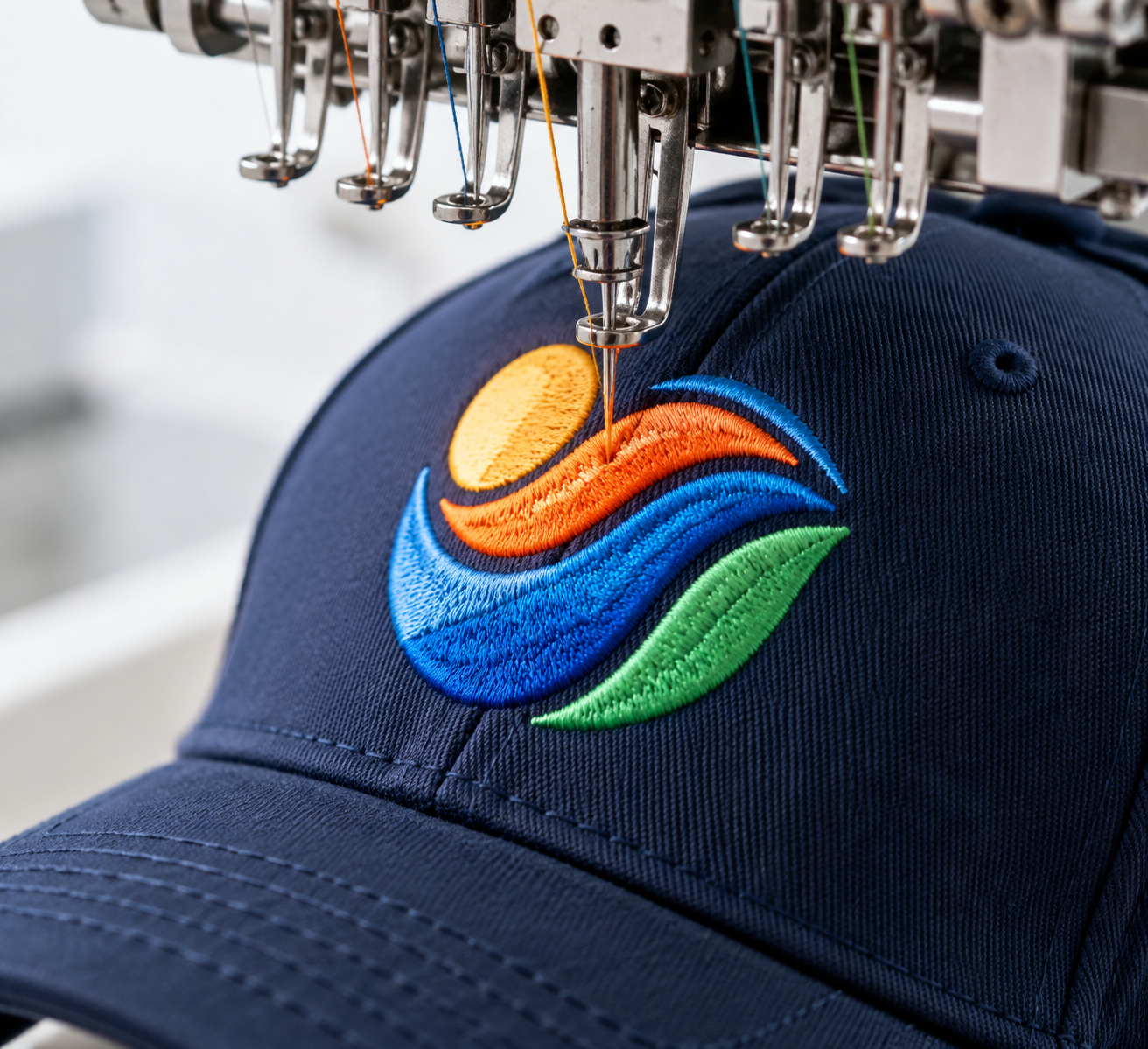Stickmaschine bestickt eine Cap mit farbigem Emblem